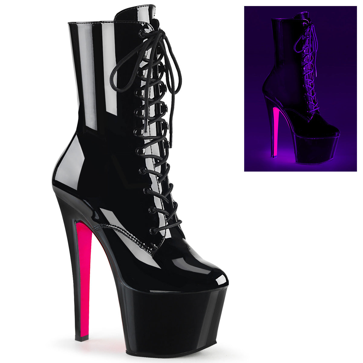 Pleaser Damen Knöchelstiefel SKY-1020TT BLK Pat / BLK-Neon H. Pink