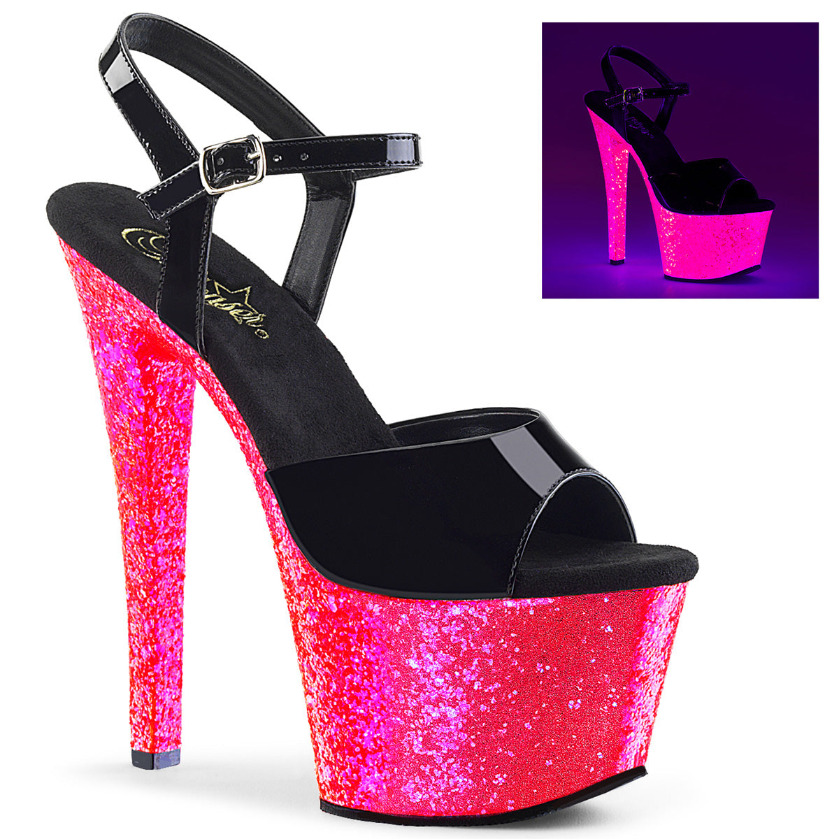 Pleaser Womens Sandals SKY-309UVLG Blk Pat/Neon H. Pink Glitter