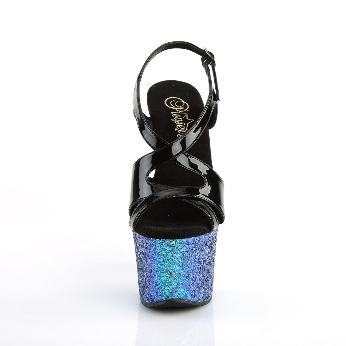 Pleaser Damen Sandalen SKY-330LG BLK Pat / Blue Multi Glitter