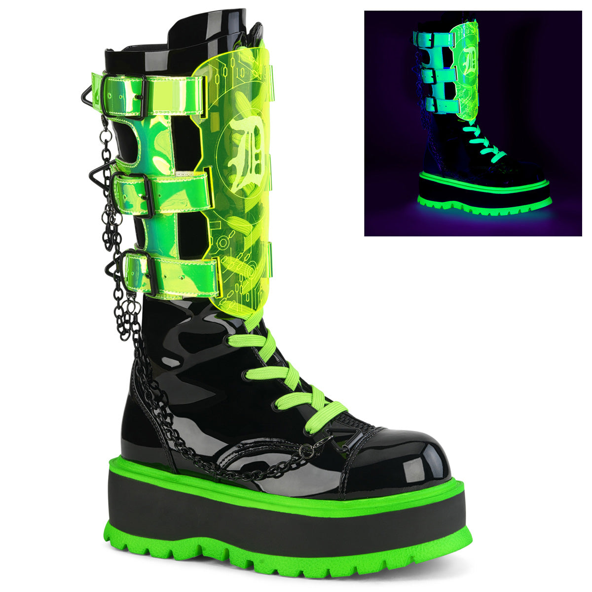 DemoniaCult  Stiefel SLACKER-156 blk pat-uV Neongrün