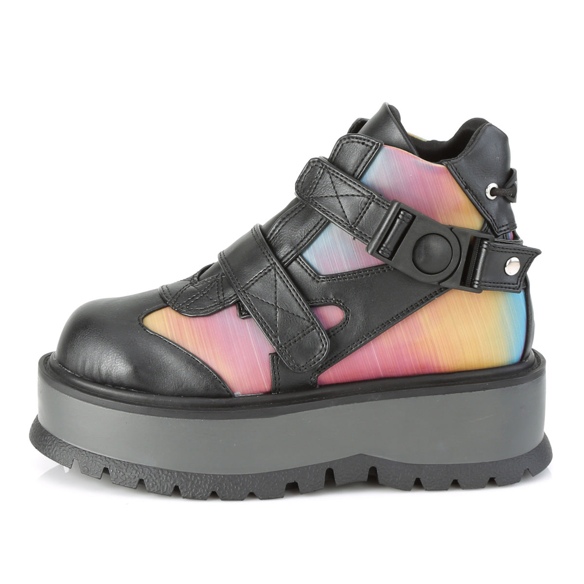DemoniaCult Damenknöchelstiefel SLACKER-32 BLK Vegan Leder-Rainbow Reflektierend