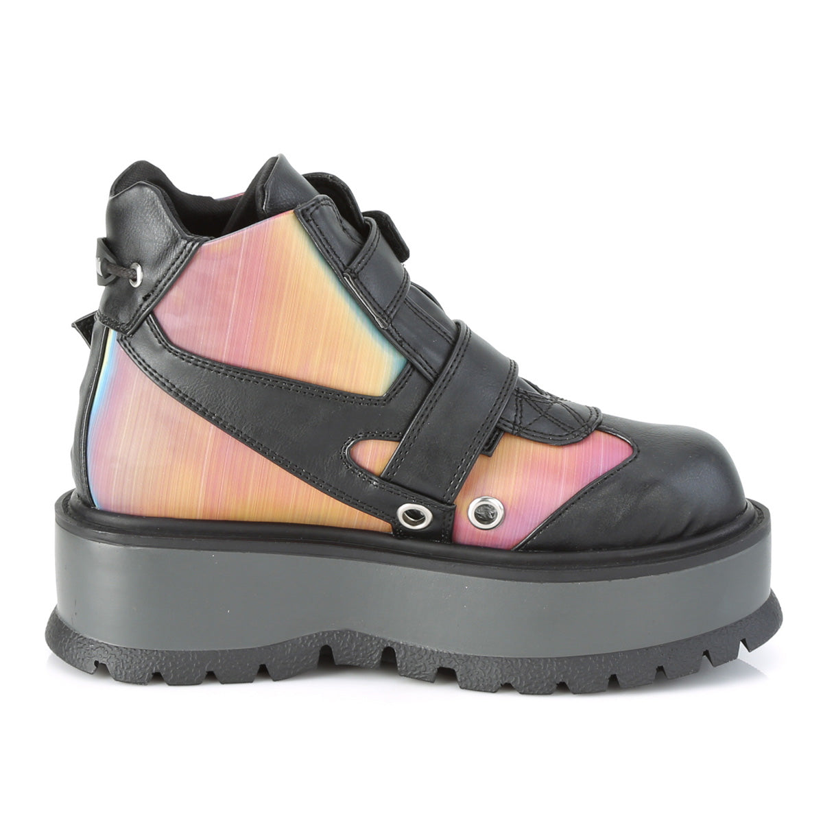 DemoniaCult Damenknöchelstiefel SLACKER-32 BLK Vegan Leder-Rainbow Reflektierend
