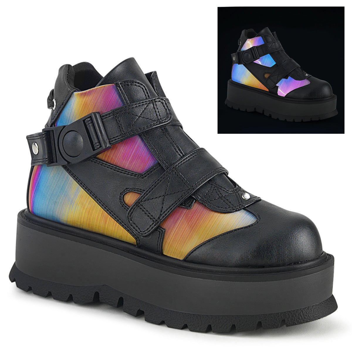 DemoniaCult Damenknöchelstiefel SLACKER-32 BLK Vegan Leder-Rainbow Reflektierend