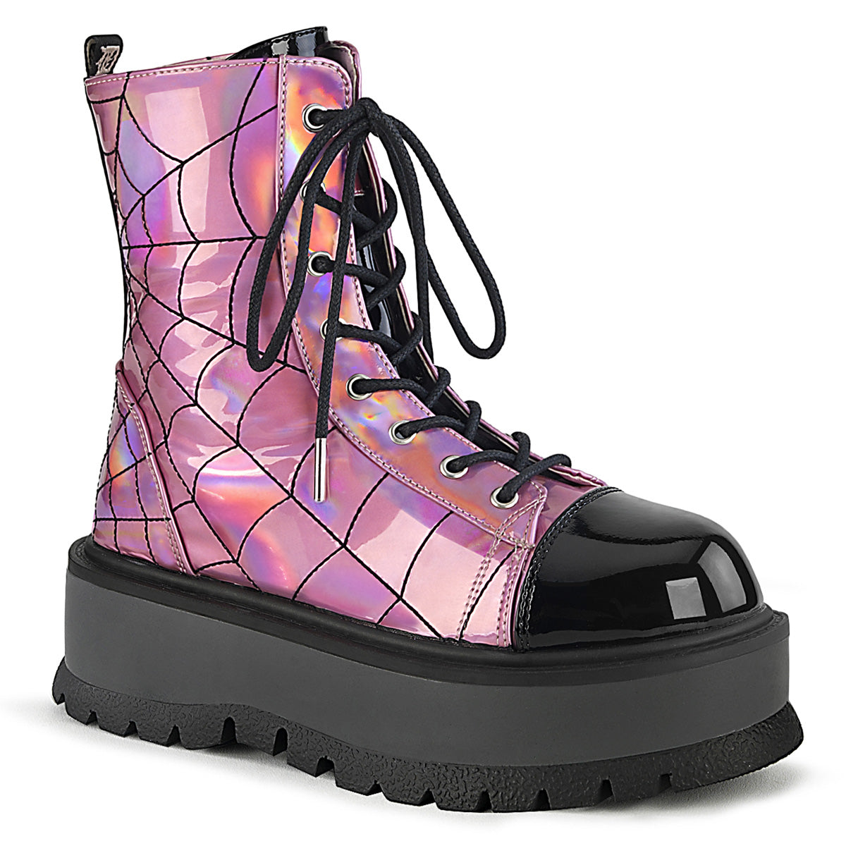 DemoniaCult Damenknöchelstiefel SLACKER-88 Pink Hologramm-Blk Pat