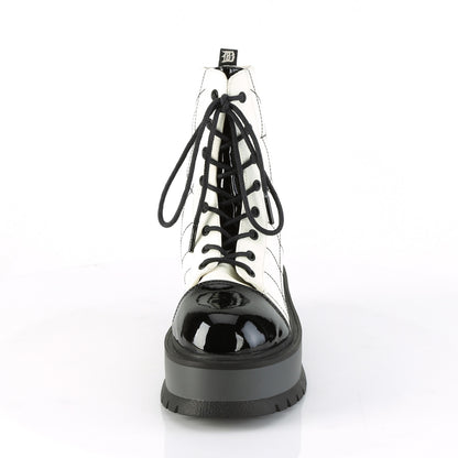 DemoniaCult Damenknöchelstiefel SLACKER-88 Weiß Leuchten veganer Leder-Blk Pat
