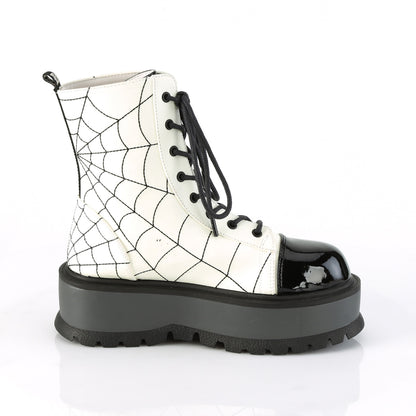 DemoniaCult Damenknöchelstiefel SLACKER-88 Weiß Leuchten veganer Leder-Blk Pat