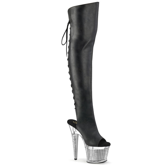 Pleaser  Boots SPECTATOR-3019 Blk Faxur Leather/Clr-Slv Chrome