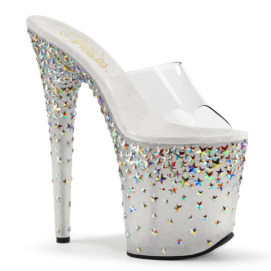 Pleaser Damen Sandalen STARSPLASH-801 CLR / FROST (SLV-Hologramm-Sterne)