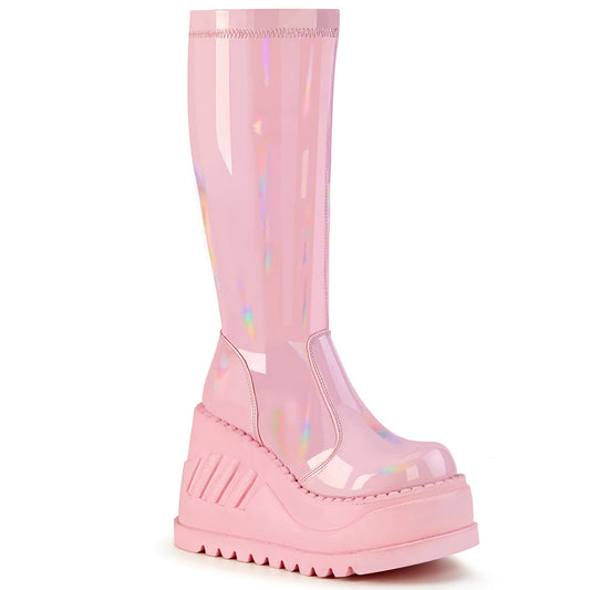 DemoniaCult Frauenstiefel STOMP-200 B. Pink Hologramm Stretch Patent