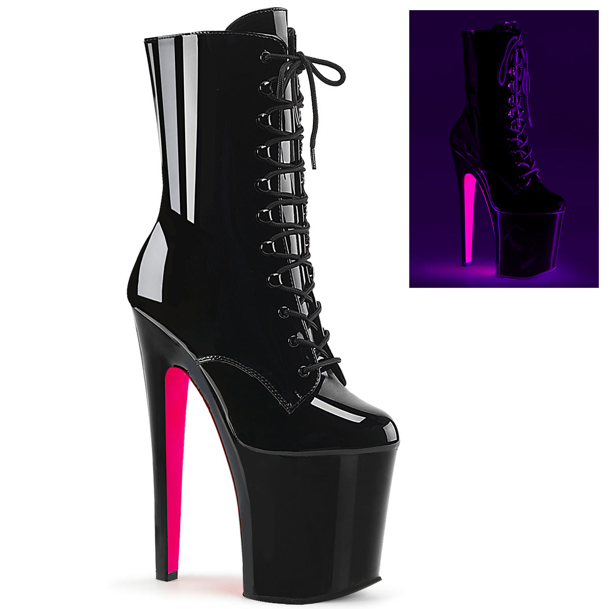 Pleaser Damen Knöchelstiefel XTREME-1020TT BLK Pat / BLK-Neon H. Pink